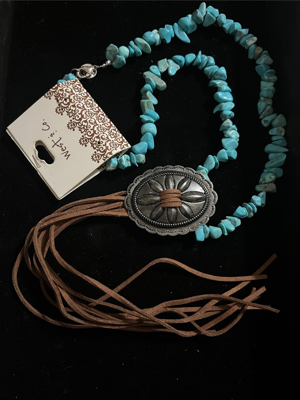 Turquoise Chip Necklace with Silver Concho and Brown Fringe